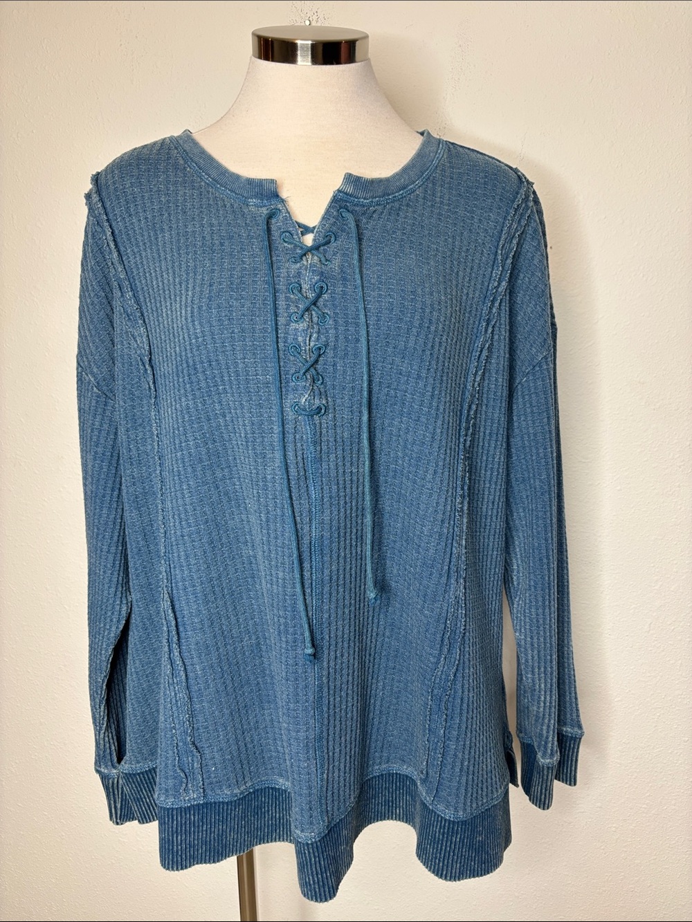 FRYE AND CO. Blue Waffle Knit Lace-Up Pullover